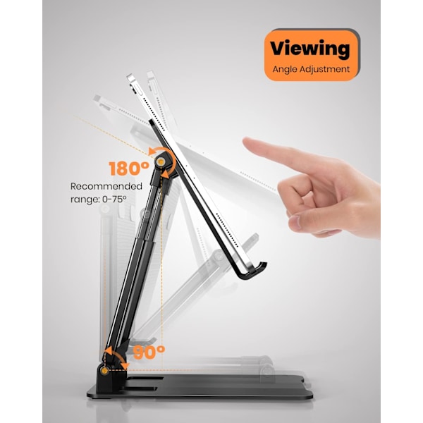 Sammenleggbart og høydejusterbart nettbrettstativ for skrivebord, robust iPad-holder i aluminium, kompatibelt med 4\" til 13\" nettbrett - Svart