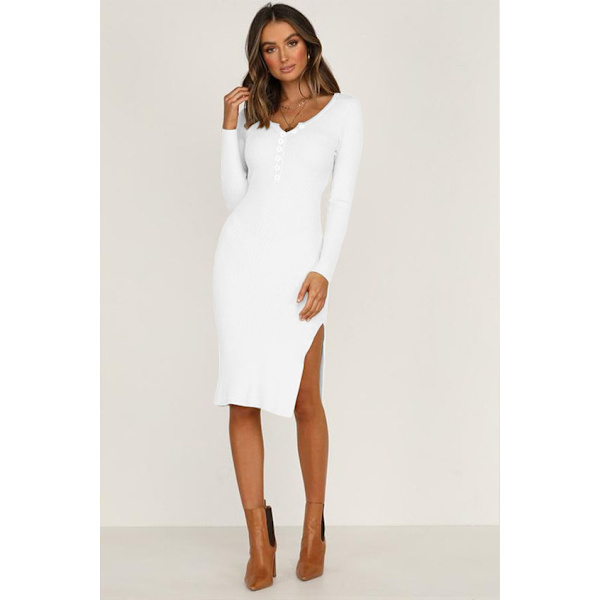 Kvinde Slid Bodycon Midi Kjole Langærmet Ribstrik Rund Hals