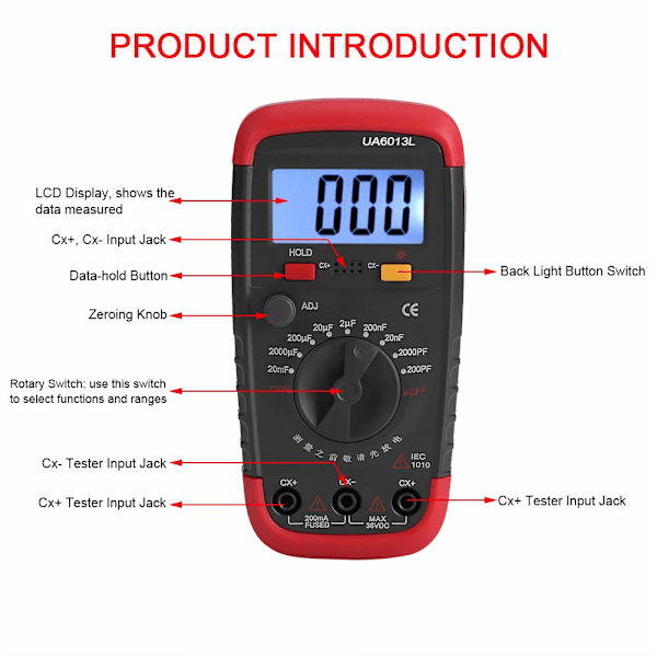 Digital Kondensatormätare 0.1pF - 20000uF med LCD-display Kapacitans Kondensatortestare Mätinstrument (Batteri Ingår Ej)