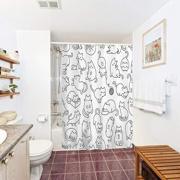 Katt duschdraperi för badrum med krokar, svart och vitt söt