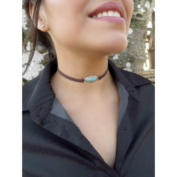 Boho Teal Kaulakoru Ketju Ruskea Nahkainen Choker Kaulakoru Mokkanahkainen Hippi Koru Naisille ja Tytöille, Vapaa Koko