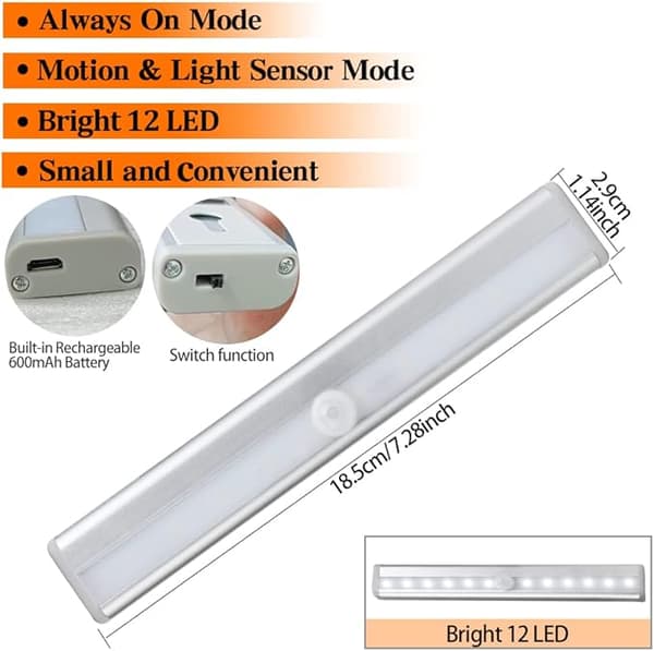 Sensor skaplampe LED oppladbar batteri nattlys stripe 2 stk