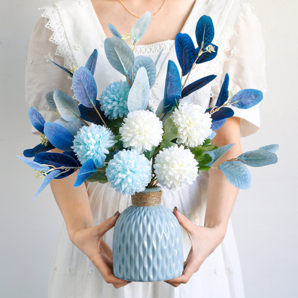 Konstgjorda blommor, konstgjord inomhusväxt, konstgjord blomma i medelhavsstil blå, för hemmakontorsbröllopsdekoration DIY (konstgjorda blommor, vas)