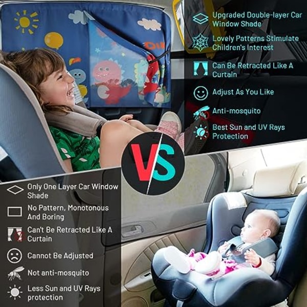 Bilrude til baby, magnetisk dobbeltlags solskærm til bilrude til sidevinduer, fuld skygge og halv skygge muligheder, søde mønstre, bilrude gardin