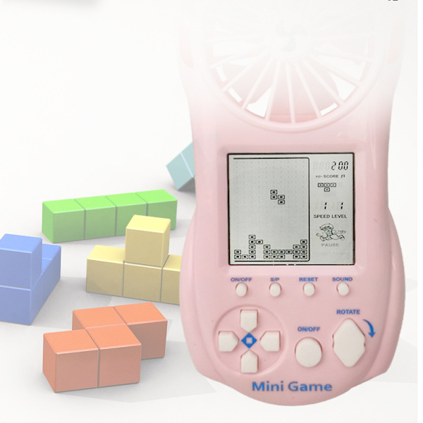 Vaaleanpunainen tetris-pelikonsolin tuuletin 2-in-1 kädessä pidettävä riippuva kaulamini-tuuletin