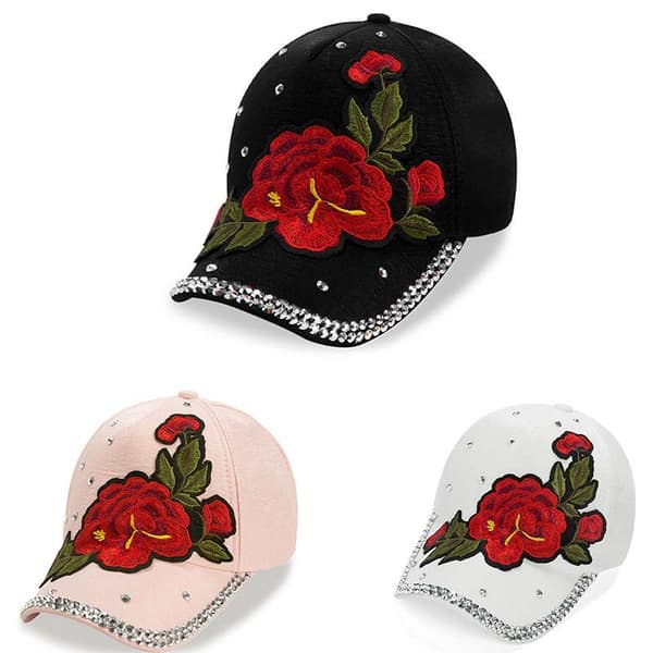 Rhinestone Bling Stud Peony kukka kirjonta Baseball Hat, 1kpl-vaaleanpunainen