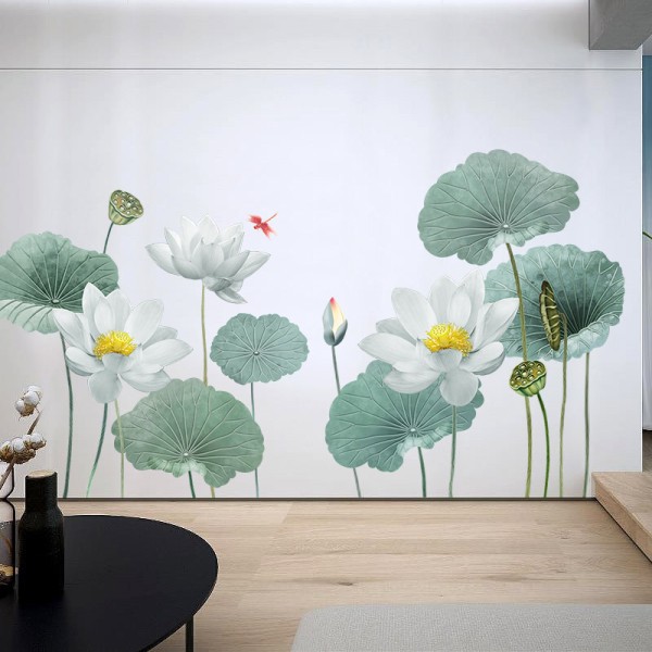 1 set Enorma Lotusblommväggdekaler Lotusbladsväggklistermärke Trollslända Väggkonstdekor Avtagbar Väggmålning för Vardagsrum Sovrum Badrum Lekrum Kontor TV-soffa Bakgrundsdekoration (Grön)