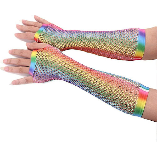 Stretchy Rainbow Gradient Fingerless Fishnet Gloves Costume 2Pair