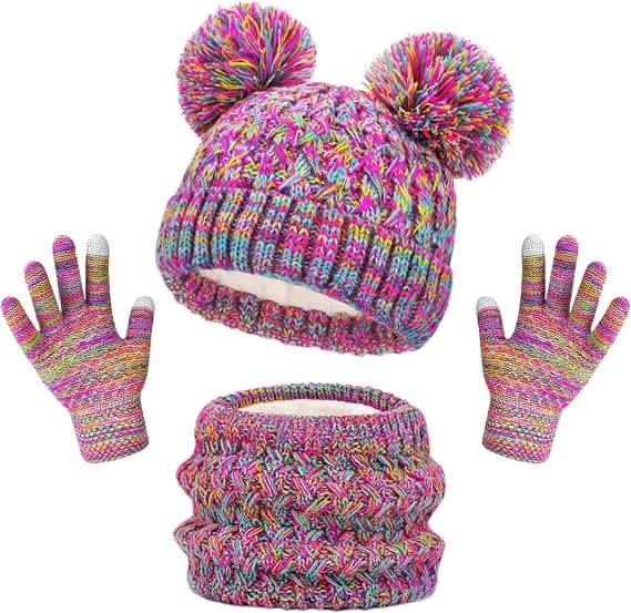 Børne Vinter Strikket Halsvarmer Børn Vinter Handsker Sæt 3 Dele Sæt Børn Vinter Hat Beanie Halsklæde Handske Strik Sæt til Piger Drenge (1-6 År)