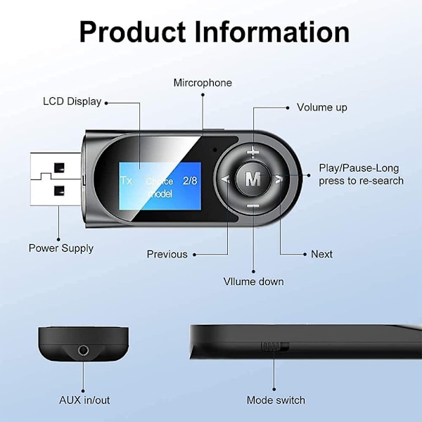 Bluetooth 5.0 sender og mottaker, 2-i-1 Bluetooth lydadapter Wit
