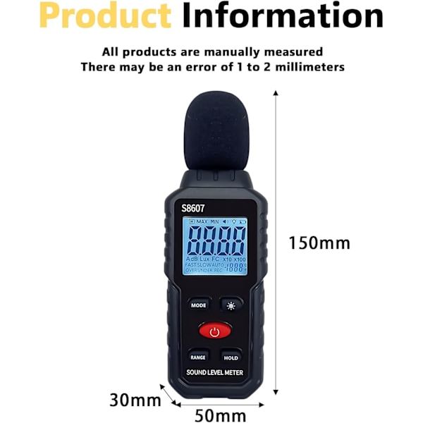 Decibel Tester Lydniveau Måler 30dB til 130dB Lydmåler med Baggrundsbelyst LCD-Display til Hjemmet, Støjende Naboer, Fabrik