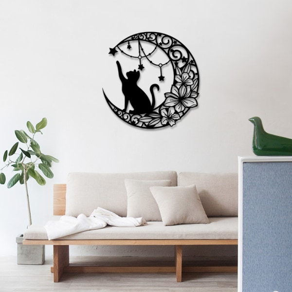 Månen och katten metallväggkonst, svart vägghängande dekor siluett