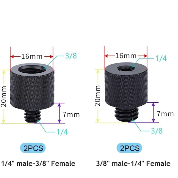 4 kpl Kamerakiinnitysruuviadapteria 1/4\" Uros - 3/8\" Naaras ja 3/8\" Uros - 1/4\" Naaras Adapterisarja Kameranäytölle, Mikrofonitelineelle, Jalustalle