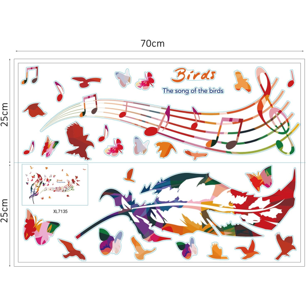 Farverige musiknoter vægklistermærker med farverig fjer, fugle a