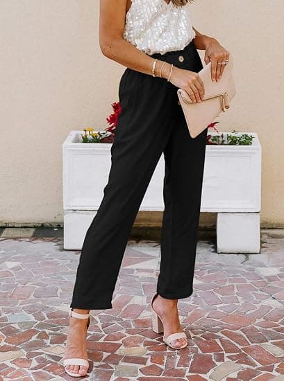 Womens Casual Loose Pants Comfy Cropped Work Pants with Pockets E