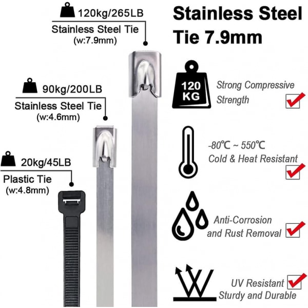 Metallslangklämma 200 * 7,9 mm, buntband i rostfritt stål Silver Heavy Duty