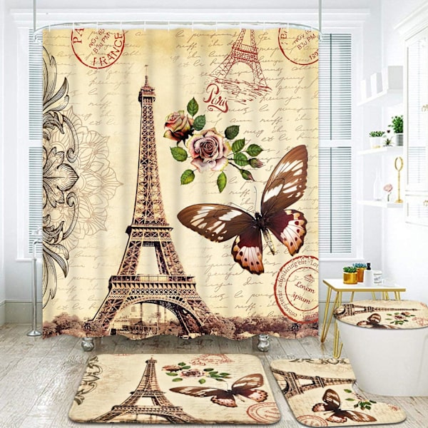 4 set Paris Eiffeltorn duschdraperier med halkfri matta, toalettlock och duschmatta, vattentäta fjärilsduschdraperier med 12 krokar, nostalgiskt badrumsuppsättning, brun