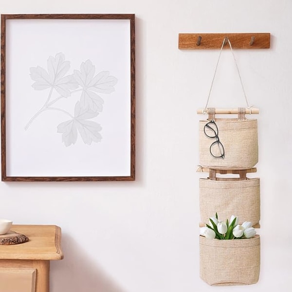 Hängande förvaringsväska med fickor 3 lager bomullslinne canvas hängande förvaringsväska över väggdörr arrangör för sovrum badrum