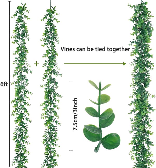 Konstgrankrans av eukalyptus, konstgjorda vinrankor hängande eukalyptus
