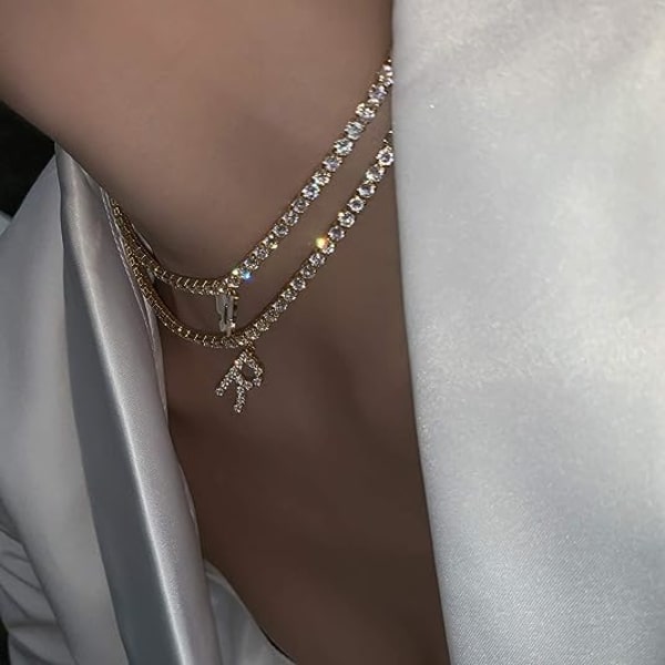 Bogstav Halskæde 14k Guldbelagt Tennis Kæde Initial Alfabeth Vedhæng Choker Bling