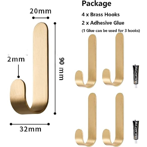 Set med 4 självhäftande klädkrokar i mässing och dörrväggdekor, mässingskrokar för badrum, kök, handdukar, morgonrockar och hattar