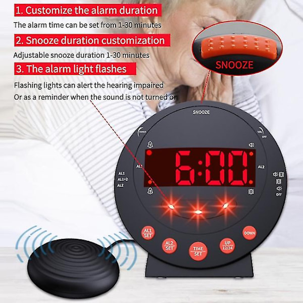 Stark vibrationsdigital väckarklocka för hörselskadade äldre