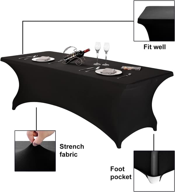 Spandex bordsdukar 8ft, monterad bordsduk för 8ft rektangulära bord (8ft, svart)