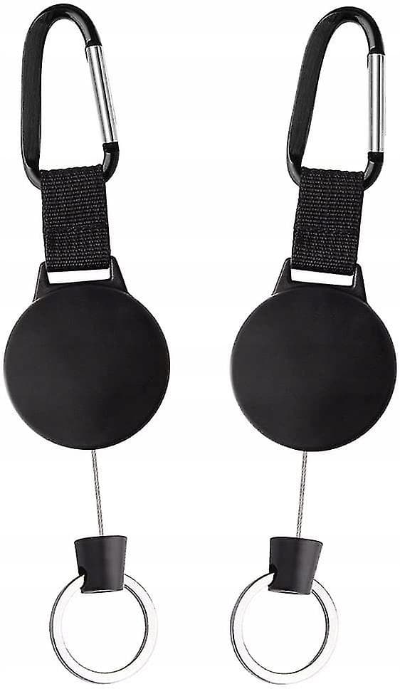 2 stk. Nøglering med 100 cm metal kabel, robust nøglering med rulle, sort