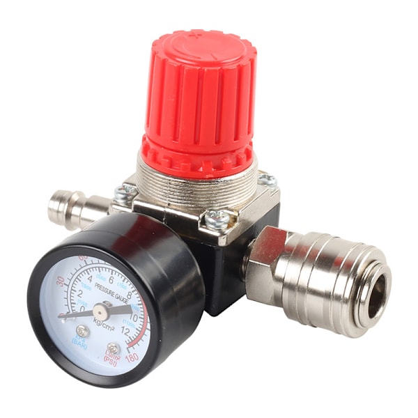1 stk. Tryklufttrykreduktionsventil, 1/4 Trykreduktionsventil, 4-huls trykregulator med manometer, kompressor