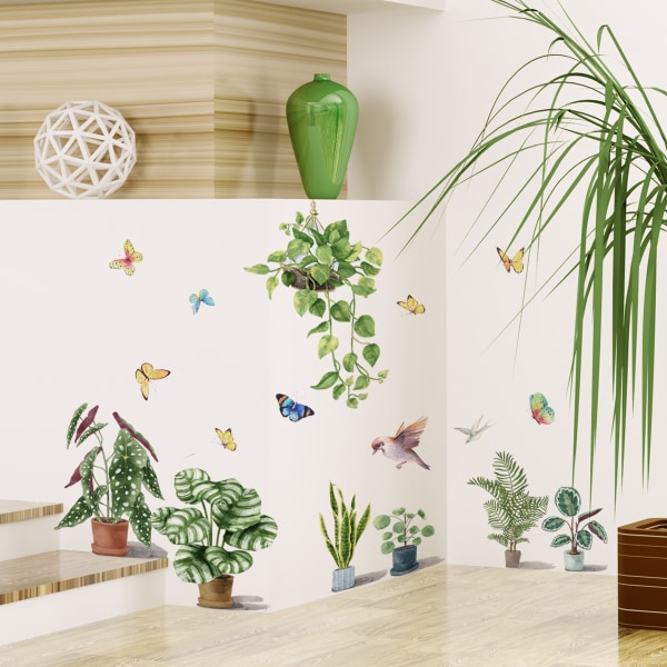 Et sæt wallstickers potteplanter sommerfugle fugl wallsticke
