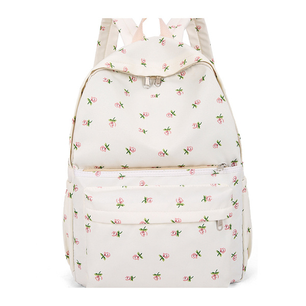 Söt Preppy Väska Blommig Tryckt Kawaii Ryggsäck Estetisk Ryggsäck Laptop Dagryggsäck (Vit)