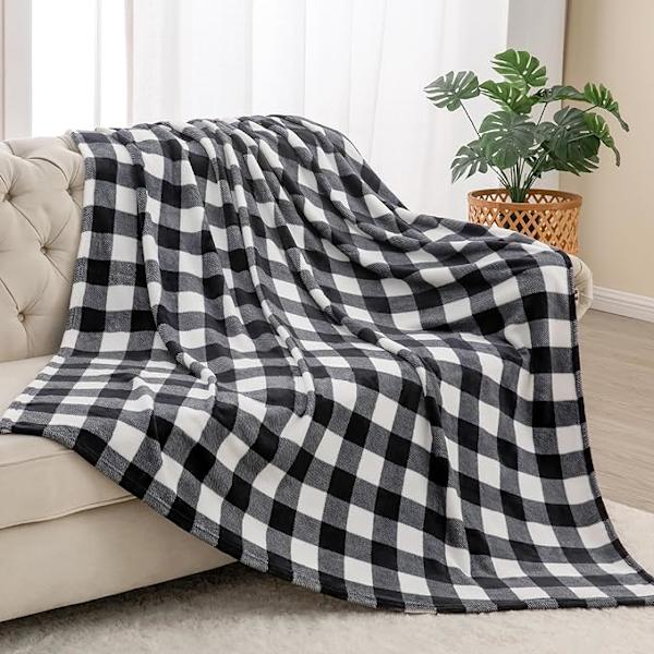 75*100cm Fleece Pledd for Sofa, Sette og Seng, Buffalo Plaid Dekor Svart og Hvit Rutete Pledd, Koselig Myk Lett Varmt Pledd