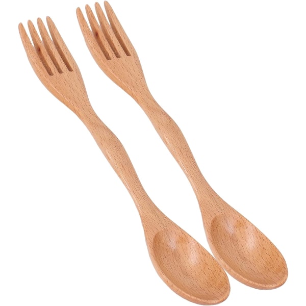 2 i 1 gaffel og ske kombination, 2 stk træske gaffelsæt genanvendelig