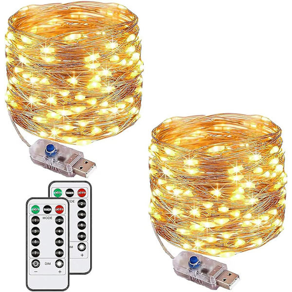 [2 Pak] 100 Led 10m 8 Tilstande Usb-drevne Lys Ip65 Kobber Streng