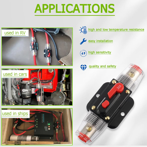 30A Strømafbryderkontakt 30 AMP Sikring Inline Holder 12V-50V DC Manuel Reset Knap til Bil Audio Lydforstærker System RV Hjem Marine Båd Lastbil