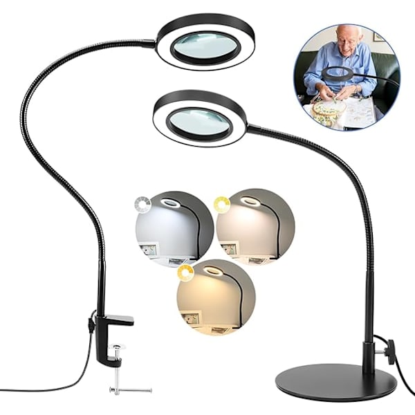 Forstørrelsesglas med Lys og Stativ, 2-i-1 Fleksibel Svanenhals Skrivebordslampe med Klemme, 3 Farvetilstande, Trinløs Justerbar Belyst Forstørrelsesglas
