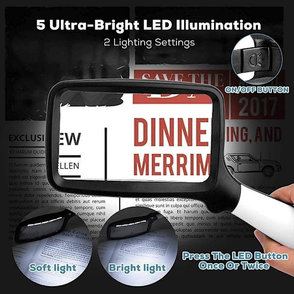 Rektangulær leselupe med 5 LED-lys, 3x stor dimbar LED-leselupe for eldre, aviser