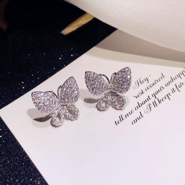 Butterfly Stud øredobber Søte kvinner Cubic Zircon smykker Sølv Pl