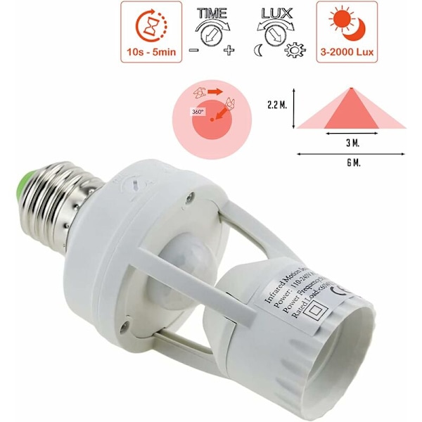Sockel med PIR-rörelsesensor Glödlampor med E27-sockel för inomhusbruk med tids- och ljusjustering (Glödlampa ingår ej)
