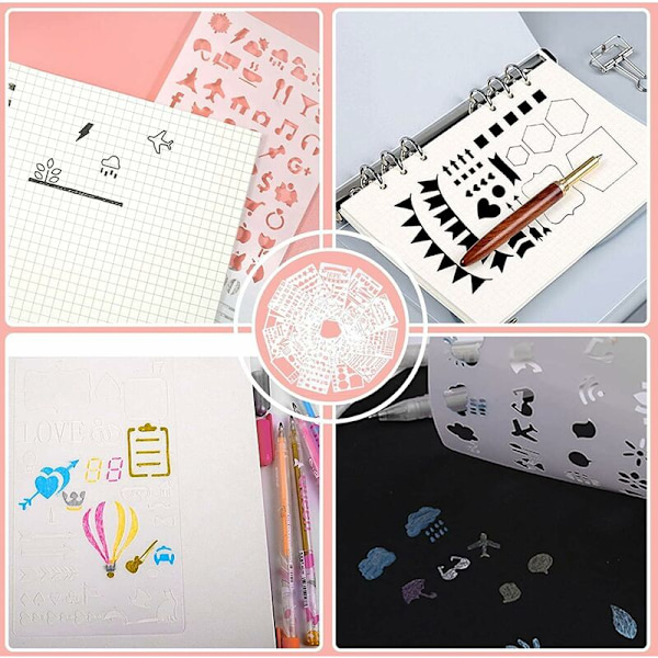 12 kappaletta piirustus- ja maalausstensiliä, Crapbooking-piirustus- ja maalausstensili, uudelleenkäytettävä kortti DIY-lasten maalausstensilisetti päiväkirjan suunnittelijalle Muistikirjan päiväkirjan askarteluun