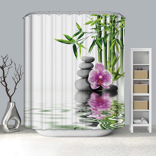 Vit duschdraperi med krok bambu blomma duschdraperi rosa，