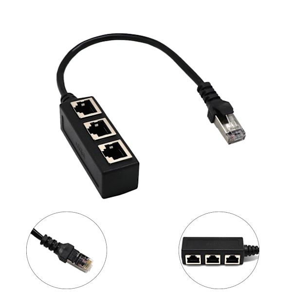 Ethernet Forlængerkabel Adapter Netværksadapter Ethernet Splitter, RJ45 1 til 3 Kabel Adapter, Plug and Play til Router TV Boks