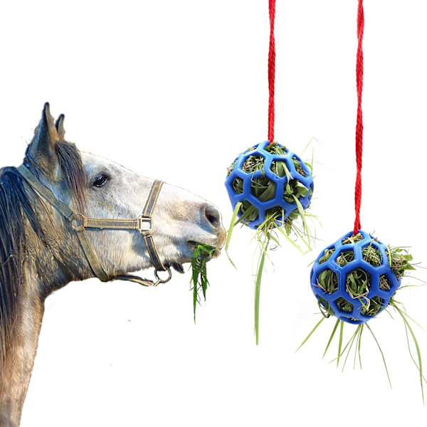 Sæt med 2 ponybolde, høfoder, hængende foderlegetøj, stald til
