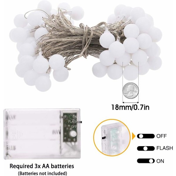 3M ljusslinga, 20 små IP66 vattentäta bollar, batteridriven