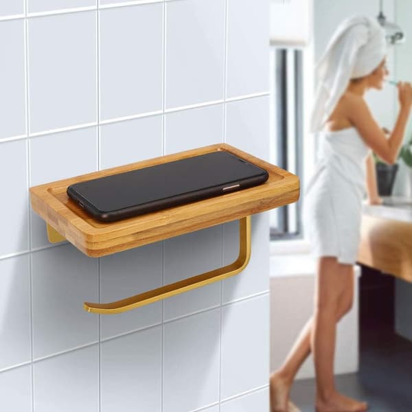 Toiletpapirholder med træhylde, guld 20*12cm