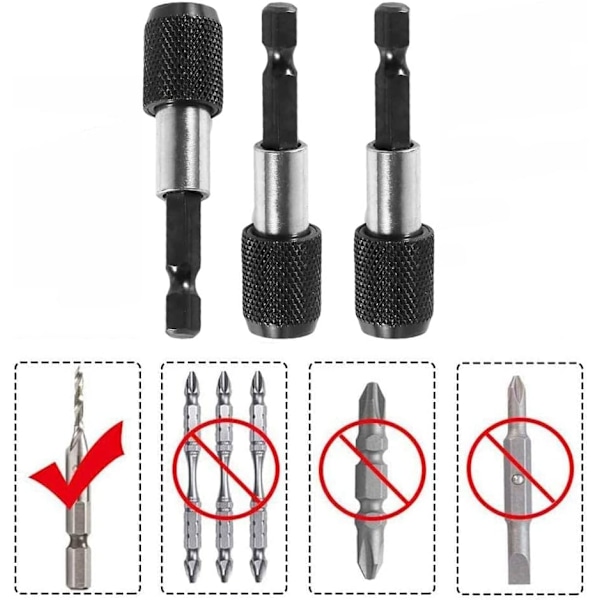 3 stk Elektrisk Borbittholder Adapter Magnetisk Forlengelsesbittholder med 1/4 tommers sekskant skaft Magnetisk Holder Bor for Elektrisk Skrutrekker 60mm