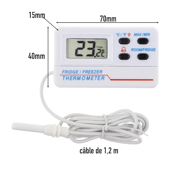 Digital Kylskåps- eller FrysTermometer - Med Alarm - Max Min Funktion - 1.2m Kabel