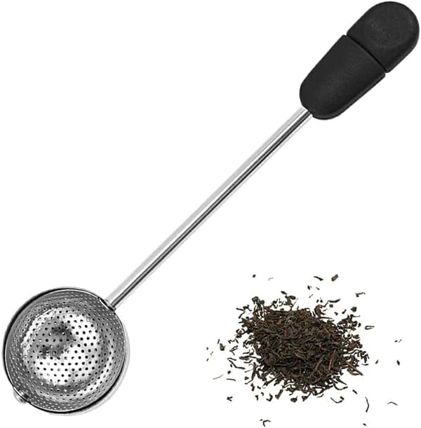 Teinfuser i rustfritt stål med langt håndtak, polert mesh-sil, svart