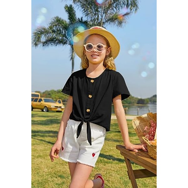 Girl Kids Summer Tie Front Knot Short Sleeve Shirts Button Up Cut