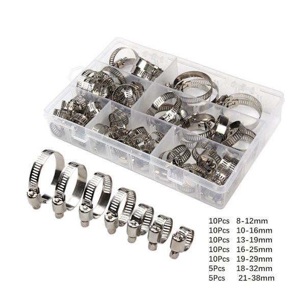 60 st 8-38 mm 304 rostfritt stål justerbar slangklämma set